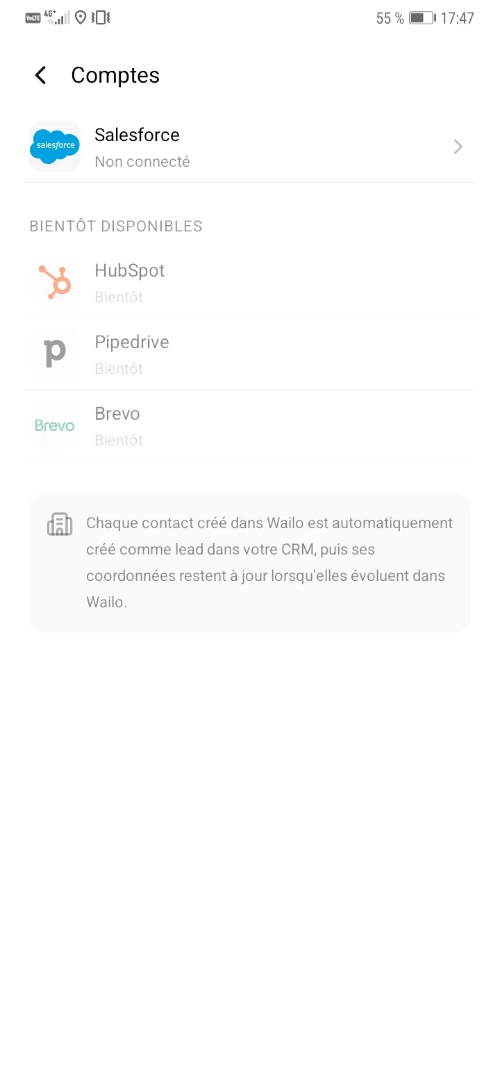 Écran Intégrations de l'application Wailo : l'entrée Salesforce avec le bouton Connecter