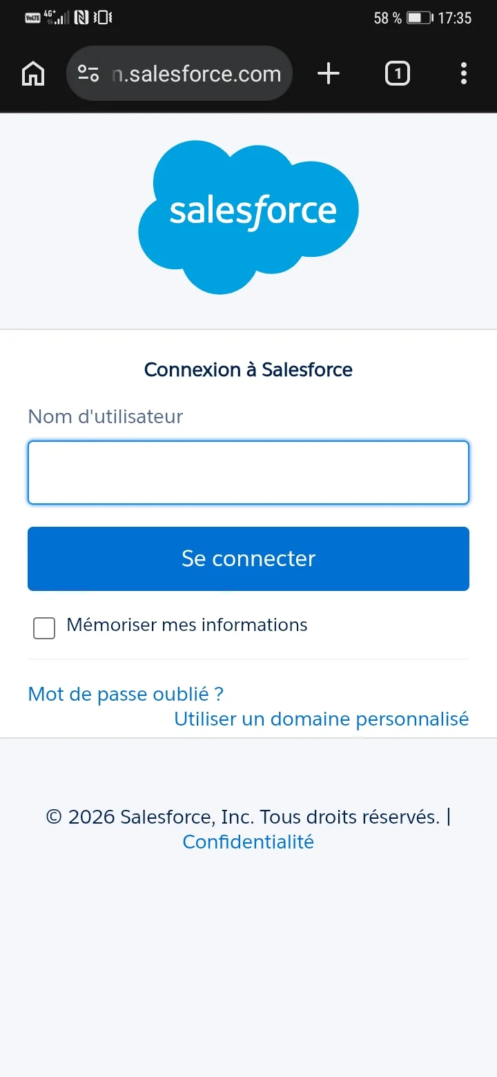 Page de connexion Salesforce avec le champ nom d'utilisateur vide