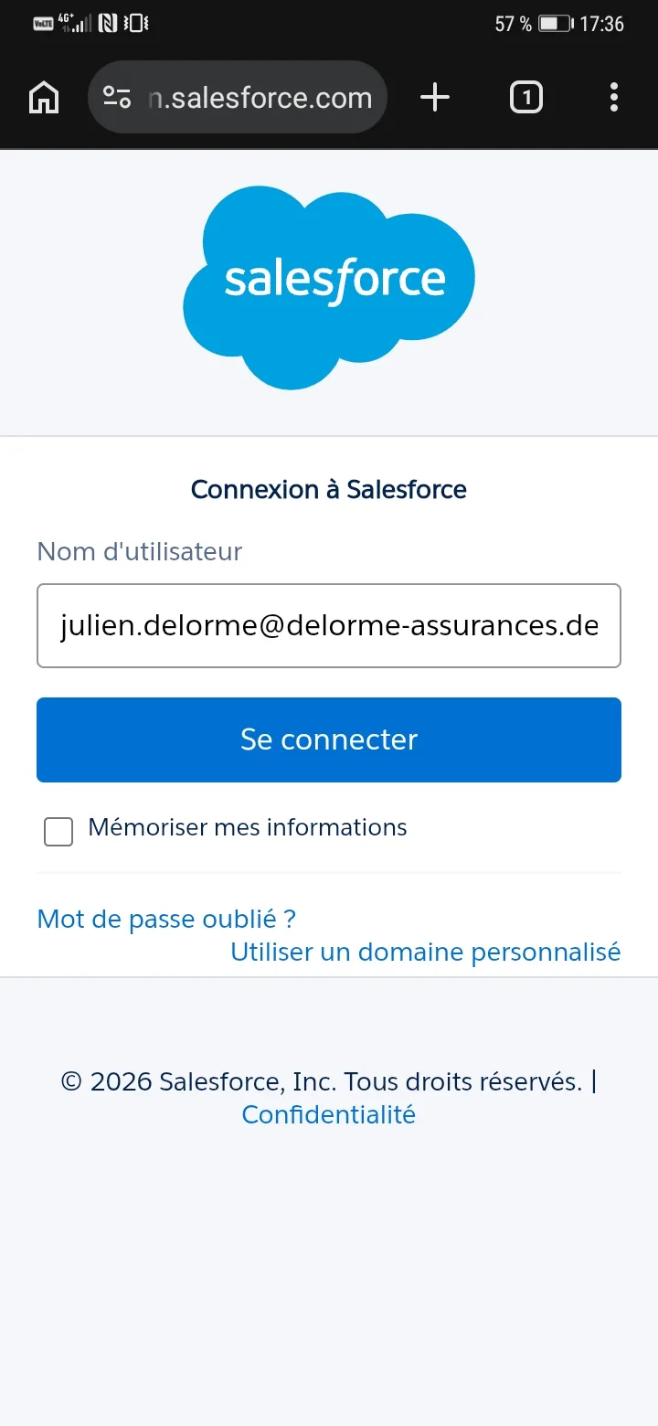Page de connexion Salesforce avec l'identifiant professionnel saisi dans le champ nom d'utilisateur
