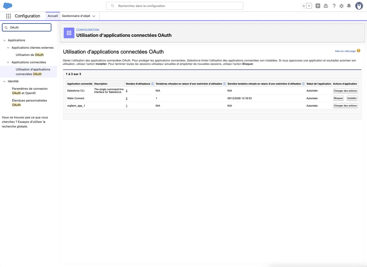 Page Salesforce Utilisation d'applications connectées OAuth avec le message d'information en haut de page