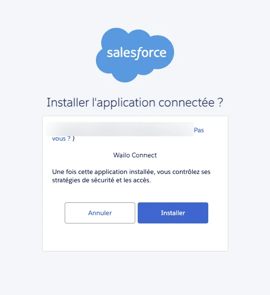 Fenêtre de confirmation Salesforce demandant de confirmer l'installation de l'application connectée