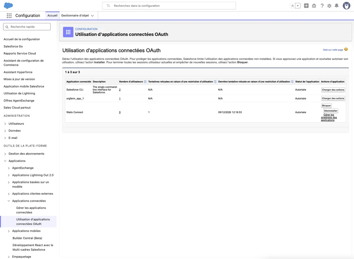 Tableau Utilisation d'applications connectées OAuth : la ligne Wailo Connect affiche désormais le bouton Désinstaller