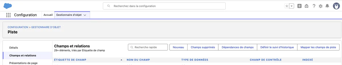 Gestionnaire d'objets Salesforce, objet Piste, section Champs et relations avec le bouton Nouveau en haut à droite