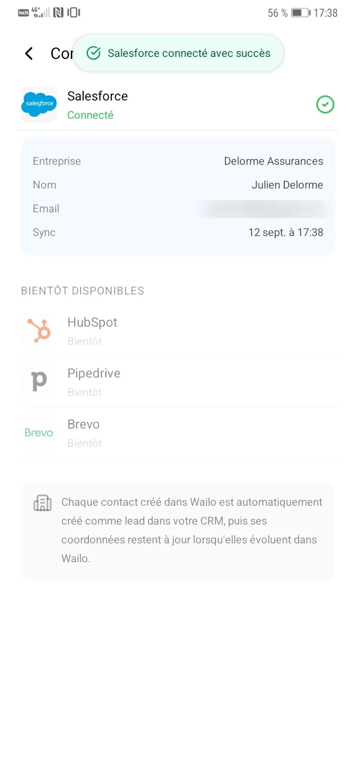 Écran Intégrations de l'application Wailo : Salesforce indique connecté
